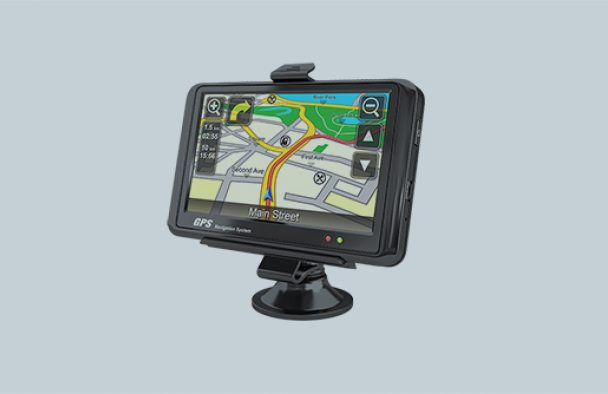 A GPS device with a grey background.